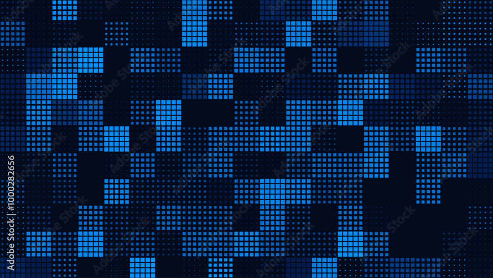 Poster Abstract Digital Technology Futuristic Background. Square Pixels Halftone Pattern Tech Mosaic. Technology or Science Research Presentation Backdrop. Vector Illustration.