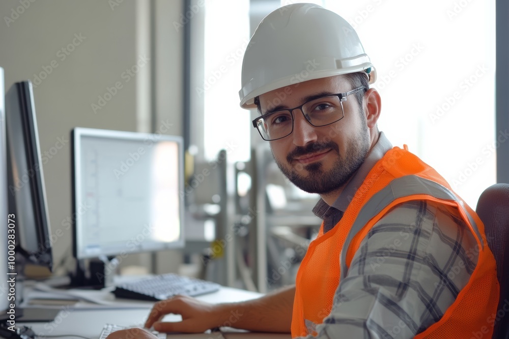 Poster engineer in office environment on solid white background, single object