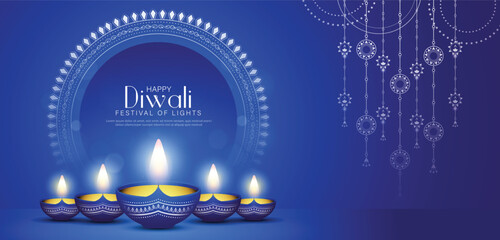 Happy Diwali - festival of lights colorful banner template design with decorative diya lamp.