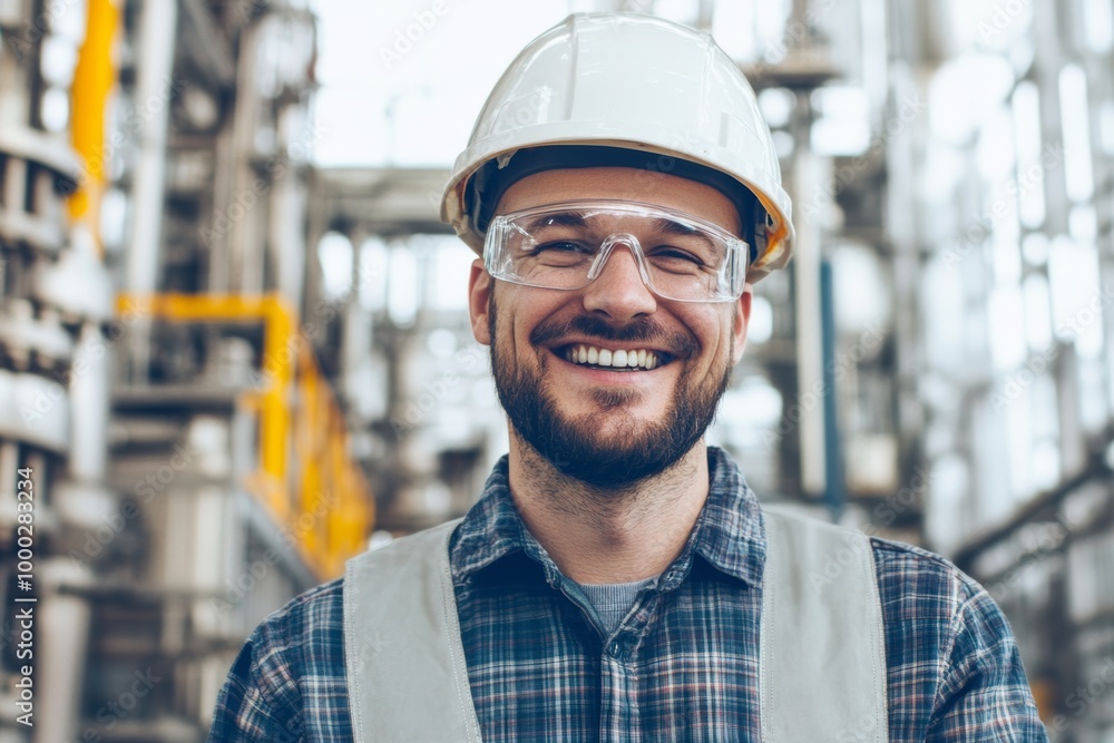 Poster happy engineer in factory, wearing a safety helmet, smiling while standing confidently, minimal back