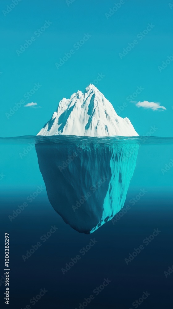 Poster A stunning view of a large iceberg with its reflection perfectly mirrored in the calm arctic waters. the clear blue sky and distant snowy mountains add to the serene and majestic atmosphere. ideal for