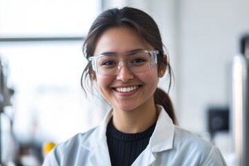 Fototapeta premium Happy female engineer in lab, wearing a lab coat and safety glasses, smiling confidently, minimal background with clean white space.