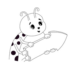 Outline of ladybug is holding an arrow pointing to the right in its paws. Vector illustration on a white background
