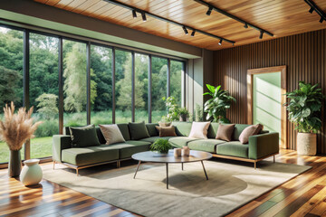Fototapeta premium A serene modern living room with a lush green view, natural wood elements, and cozy seating in the afternoon light. Generative AI
