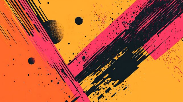 Abstract background with black, pink, and yellow shapes and splattered paint.