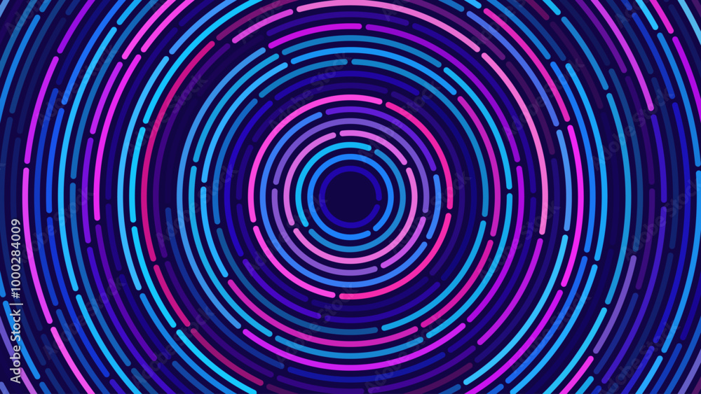 Poster Abstract Circular Concentric Circles Pattern Background. Round Colorful Arcs Backdrop. Moving Circles Vector Illustration. Futuristic Design for Technology or Science Event.