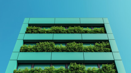 Modern green building with lush plants adorning its facade, showcasing sustainable architecture against a vibrant blue sky.