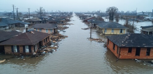 Aerial view of tornado devastation in city with flooded streets and submerged buildings