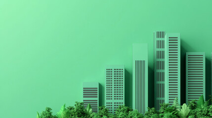 Stylish city skyline with modern architecture against a vibrant green background, representing urban life and nature.