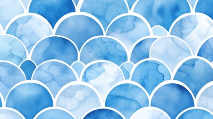 Fototapeta premium Watercolor painting with a soothing pattern of scallop shells in blue tones.