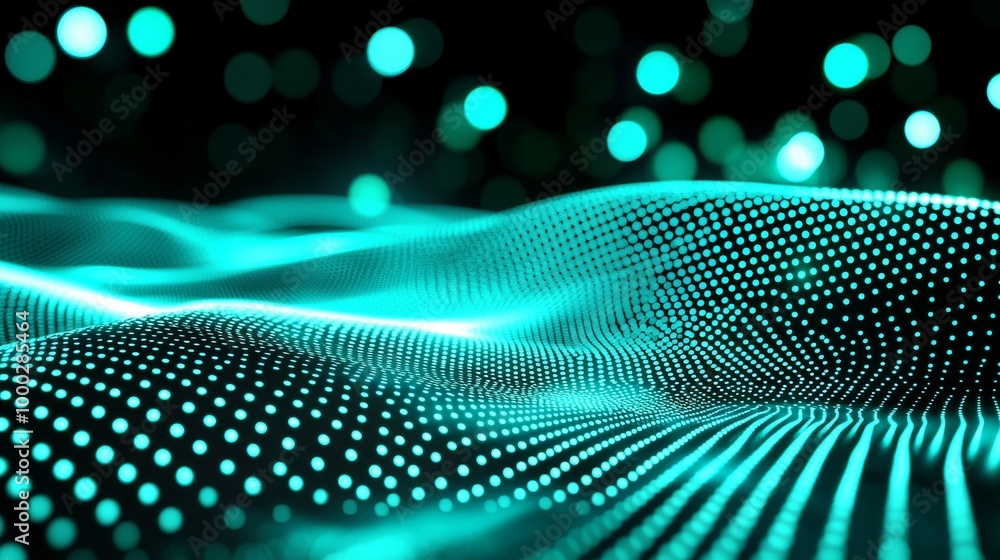 Poster abstract futuristic background with waves with connecting dots and lines. particle waves on dark bac