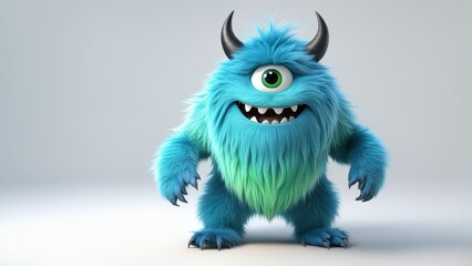 Fototapeta premium A cute blue monster with one eye and fluffy fur, designed for playful appeal.