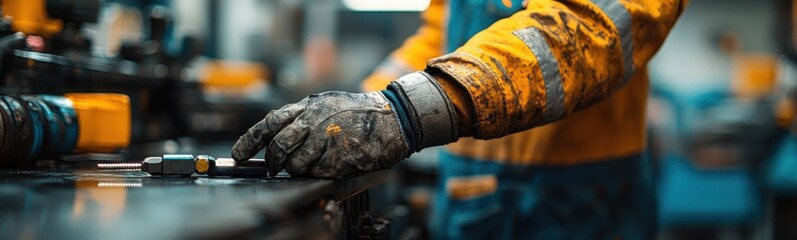 Someone is working on a machine in a factory with yellow and black