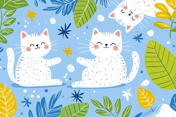It's a cartoon cat pattern with a lot of cats of different colors, smiling faces, and laughing faces