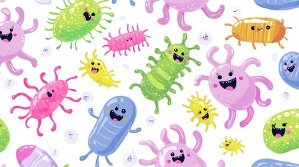 Fototapeta premium A playful pattern of cartoonish bacteria and viruses on a light background, educational and appealing