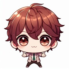A cute chibi character with brown hair and big eyes, designed for entertainment or art.