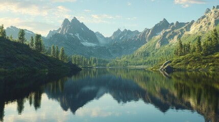 Mountain Range Reflected in a Calm Lake at Dawn