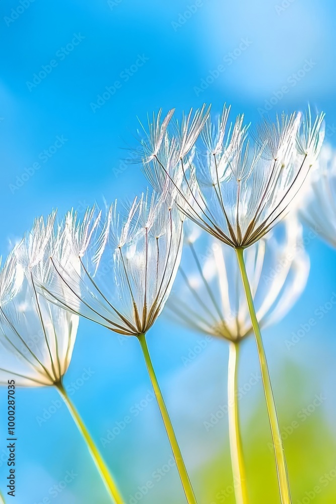 Poster abstract dandelions on a shallow depth of field. spring background.