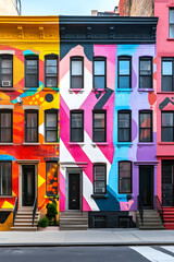 Obraz premium Vibrant Graphic Art Transforms Charming Townhouses in Lively Urban City View