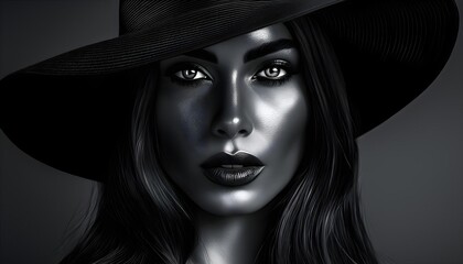 Intense woman with black hat in low light, artistic black and white portrait, fashion cover