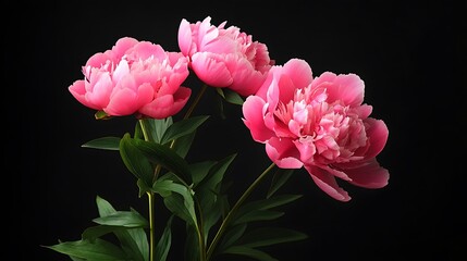 Obraz premium Three pink peonies with green leaves on a black background.