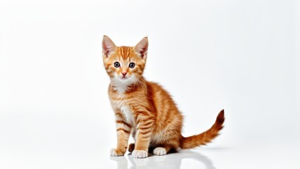 A cute orange tabby kitten sitting on a white background, showcasing its playful demeanor.
