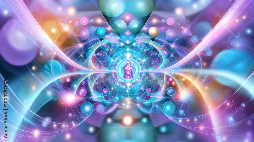 Poster creating a surrealistic backdrop made up of vibrant geometric patterns and iridescent smoke
