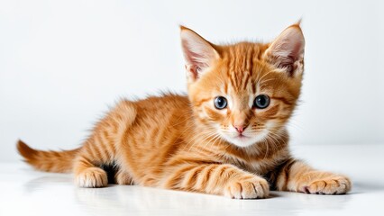 Obraz premium A cute orange tabby kitten lying on a white surface, showcasing its playful demeanor.