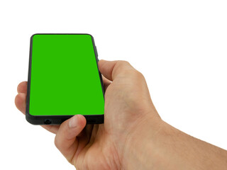 Hand holding smartphone with green screen