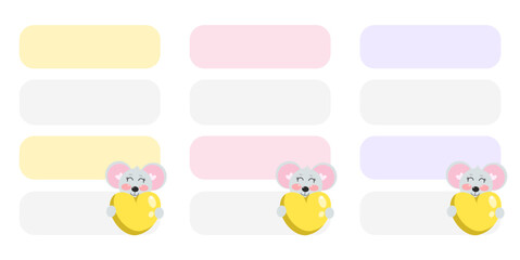 Set of note organizer, check list, to do list with kawaii cute mouse. Printable kids checklist. Scrapbook, diary, page notebook, daily planner. Stationery for children	