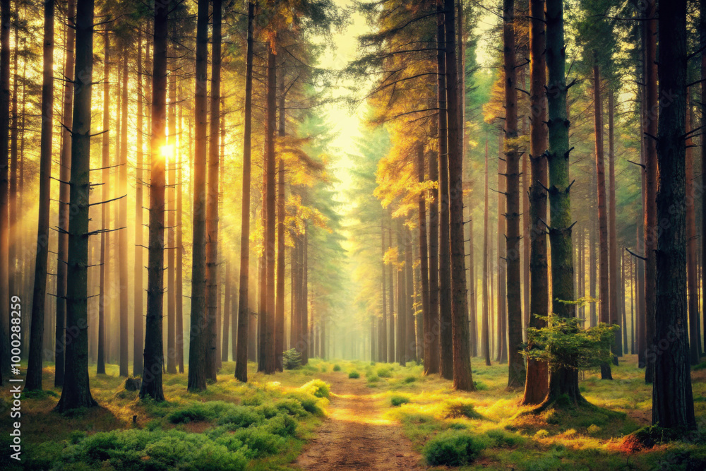 Poster golden sunlight streams through tall trees along a serene forest path at dawn, creating a magical at