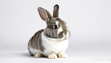 Fototapeta premium A cute rabbit sitting calmly against a plain white background.