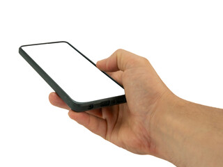 Hand holding smartphone with blank screen