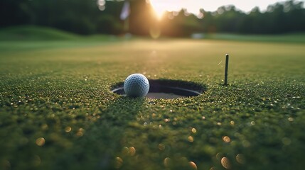 Golf ball on the green of a beautiful golf course during sunset