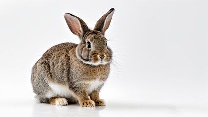 Fototapeta premium A cute rabbit sitting on a white background, showcasing its fur and features.