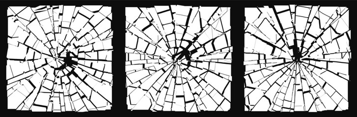 Obraz premium Broken Glass Squares with Cracks. Abstract Comic Book Flash Explosion Blast Radial Lines. Shattered, Fractured and Broken Texture. Bullet Shot Effect VFX. Vector Illustration.