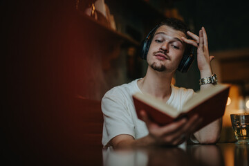 Young man with headphones engrossed in a book while sitting at a table. The setting is cozy and...