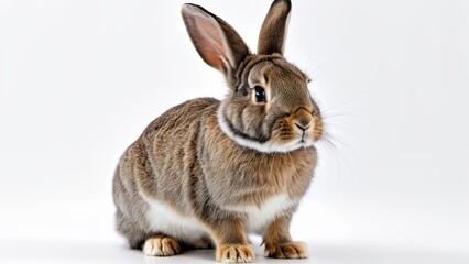 A cute rabbit sitting on a white background, showcasing its soft fur and expressive features.