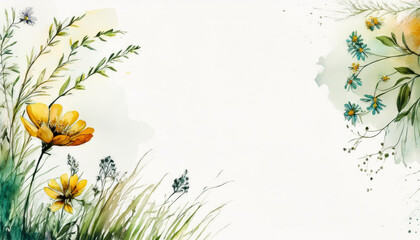 Wildflowers placed in the corner, watercolour, white background, flower, bright grass, natural, rustic, copy space.