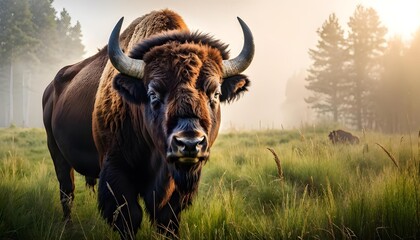 Majestic Bison in Foggy Forest at Sunrise, Nature Conservation Symbol, Wildlife Poster