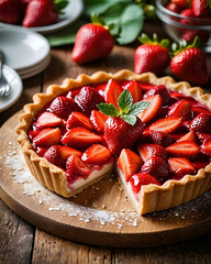 Close-up tarta de fresas y queso redonda sin una porción