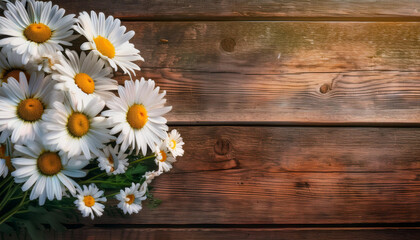 Fototapeta premium Bouquet of daisies in white on a rustic wooden table, copy space.
