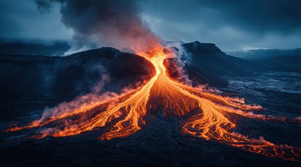 Lava flows down a mountain, creating an orange V-shape amidst dark skies and rising smoke from volcanic activity