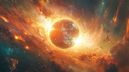 Obraz premium A celestial body engulfed in a swirling nebula of orange and red gas