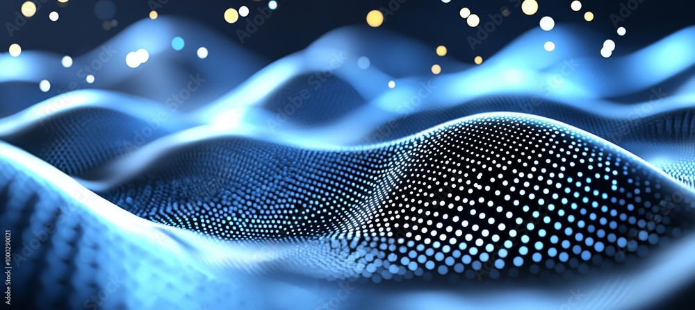Poster the mesh is a futuristic abstract wave formed by the connection of dots and lines. the rendering is 
