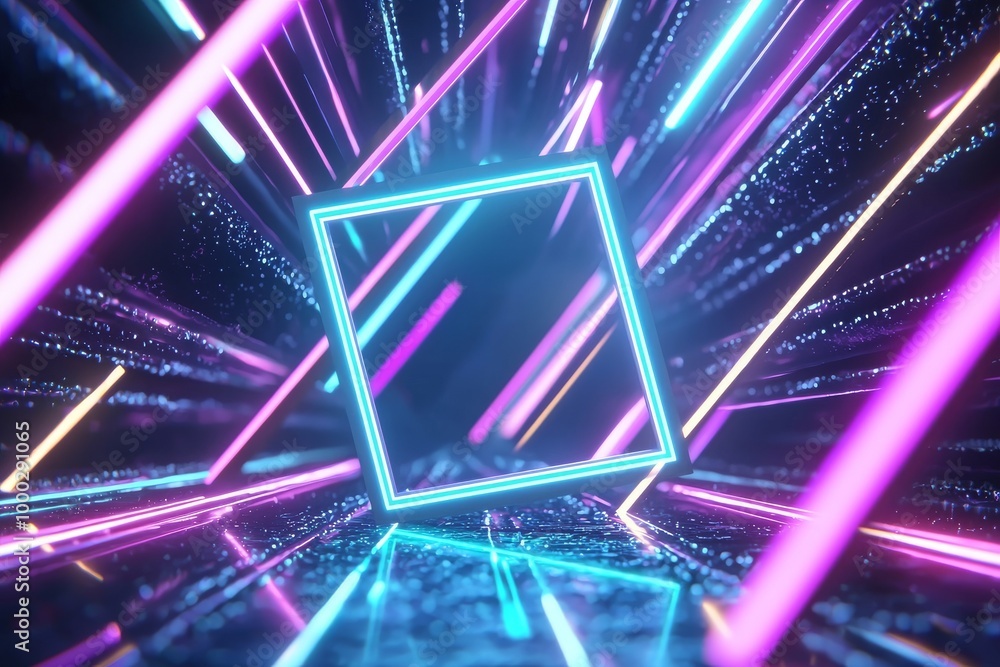 Poster an empty stage with neon lights glowing on an empty dark abstract background.