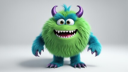 Naklejka premium A cute, fluffy green monster with blue accents and purple horns, designed to be playful and friendly.
