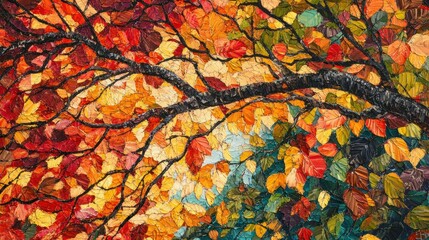 A Close-Up View of a Tree Branch with Multicolored Autumn Leaves