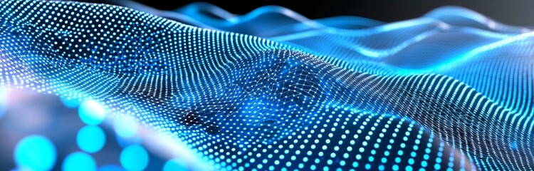 Wave of particles. Abstract blue geometric background with big data visualization. Abstract futuristic illustration using data technology. 3D rendering.