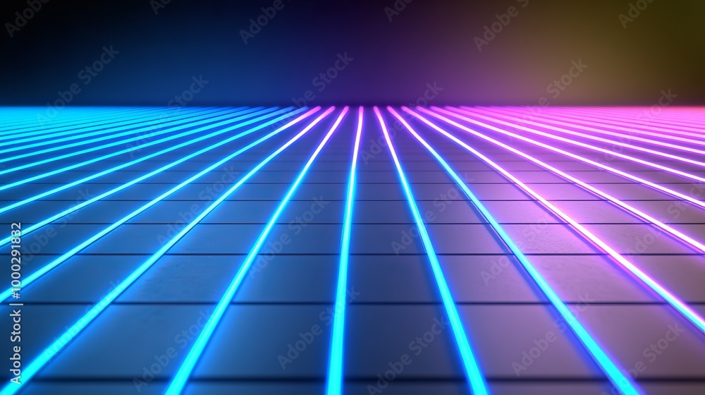 Poster the stage is heavily illuminated by a neon glow in blues and pinks. the central figure is illuminate